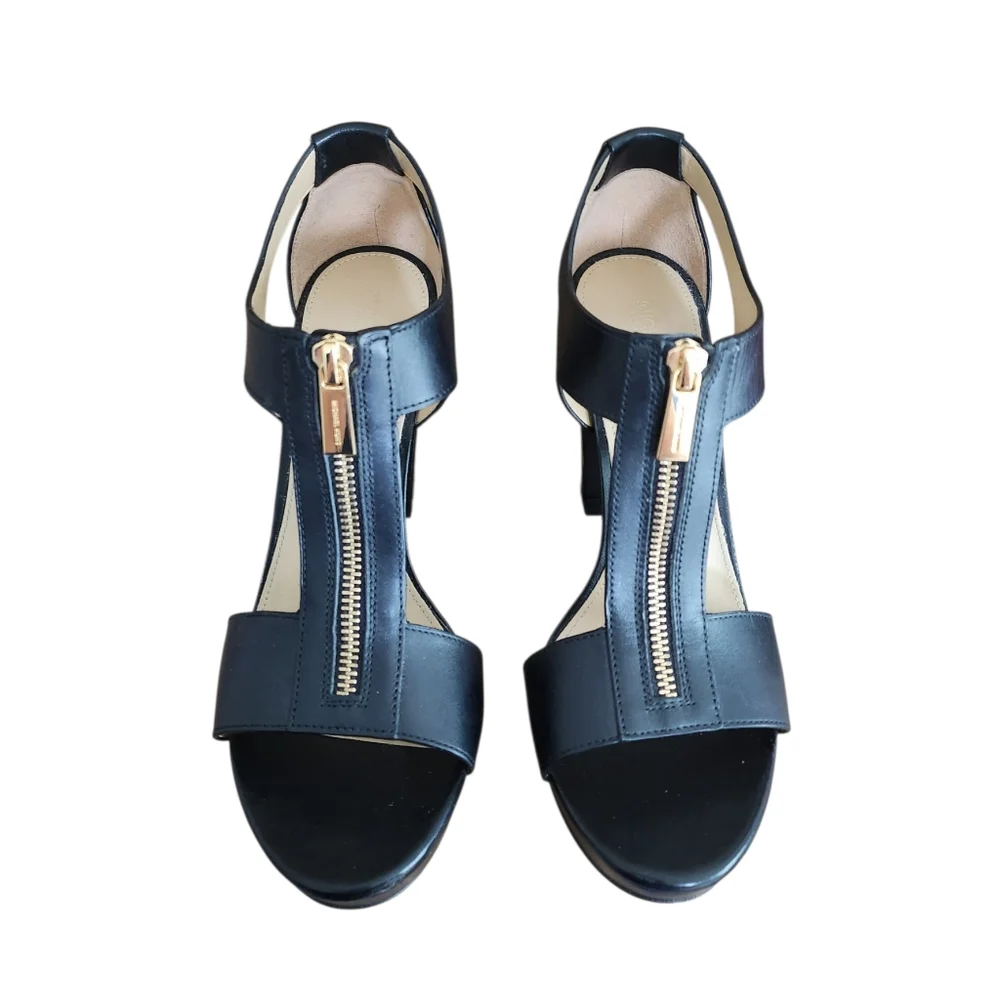 Michael Kors Berkley Lock Black Leather Platform Sandal Heels with Box - Picture 7 of 15